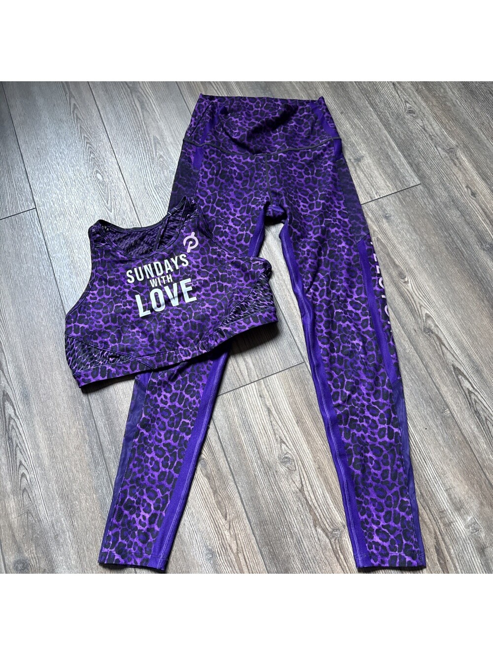 WITH PELOTON Womens Sundays with Love Purple Leopard Sports Bra L Legging M EUC